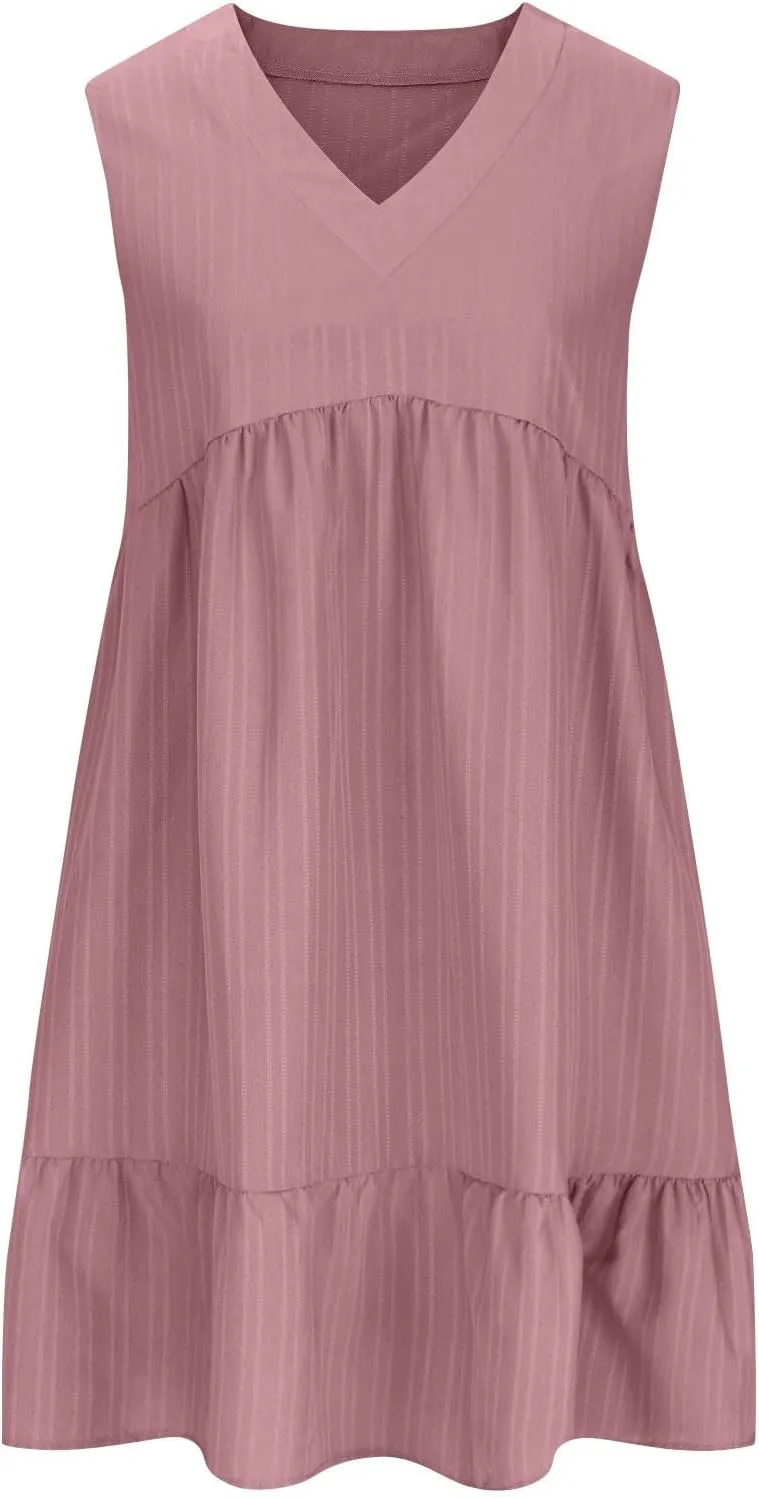 Womens Summer Dress Sleeveless V Neck Mini Dresses Fashion Casual Flowy Boho Ruffle A Line Swing Sundress 2025