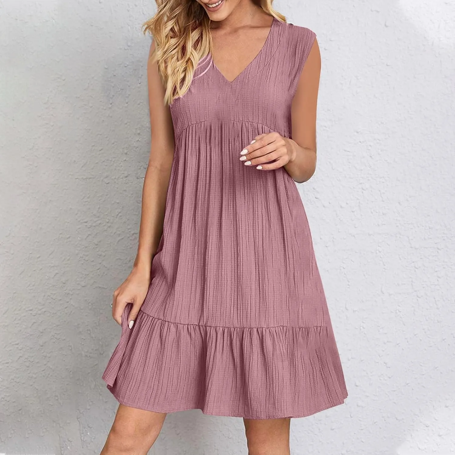 Womens Summer Dress Sleeveless V Neck Mini Dresses Fashion Casual Flowy Boho Ruffle A Line Swing Sundress 2025