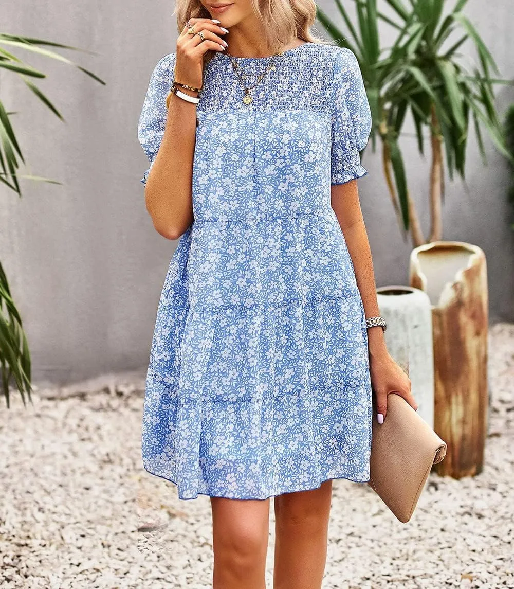 Women's Summer Dress Spring Short Sleeve Casual Dresses Swing Flowy Ruffle Hem Mini Beach Dresses