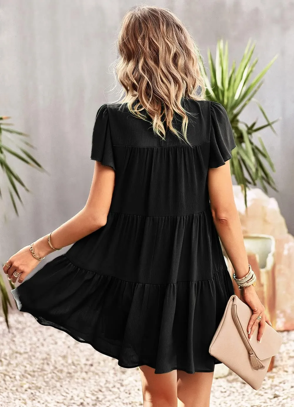 Women's Summer Dress Spring Short Sleeve Casual Dresses Swing Flowy Ruffle Hem Mini Beach Dresses