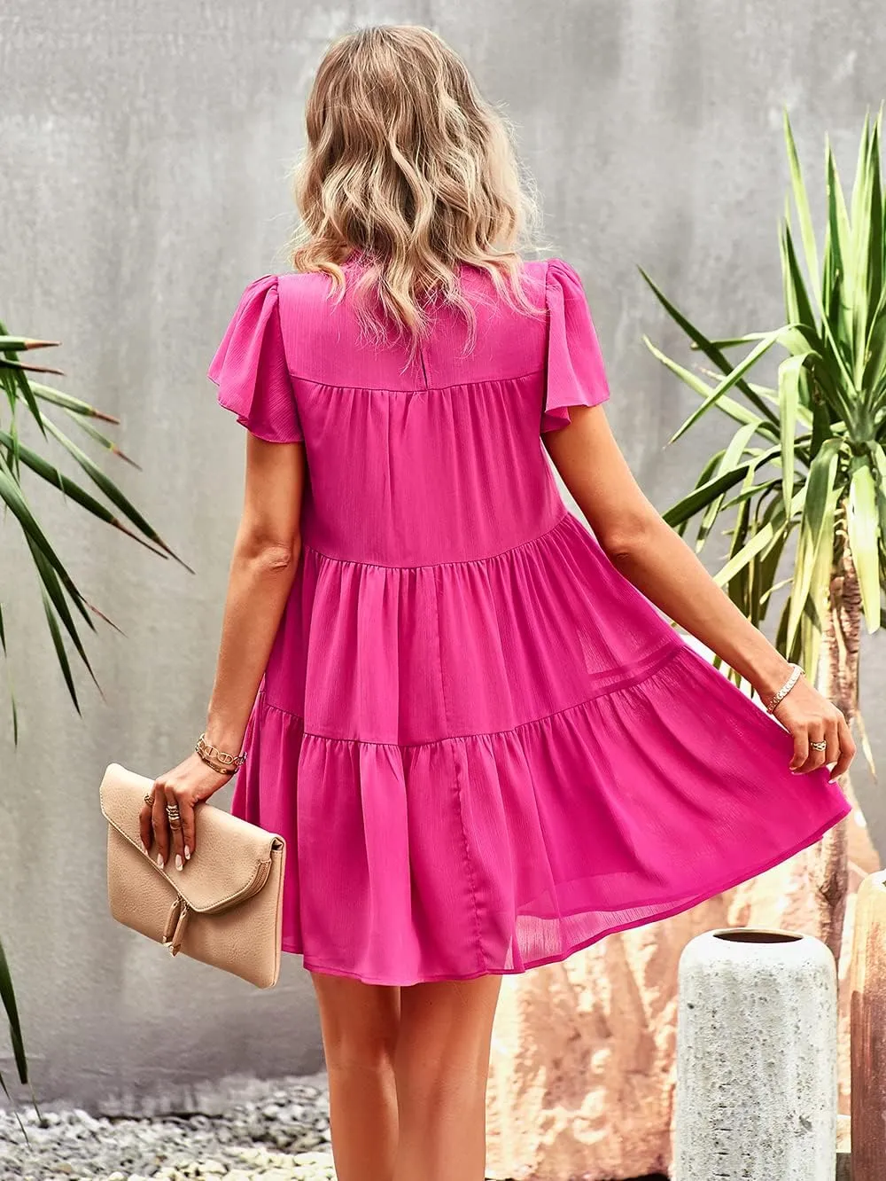 Women's Summer Dress Spring Short Sleeve Casual Dresses Swing Flowy Ruffle Hem Mini Beach Dresses