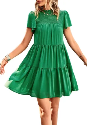 Women's Summer Dress Spring Short Sleeve Casual Dresses Swing Flowy Ruffle Hem Mini Beach Dresses