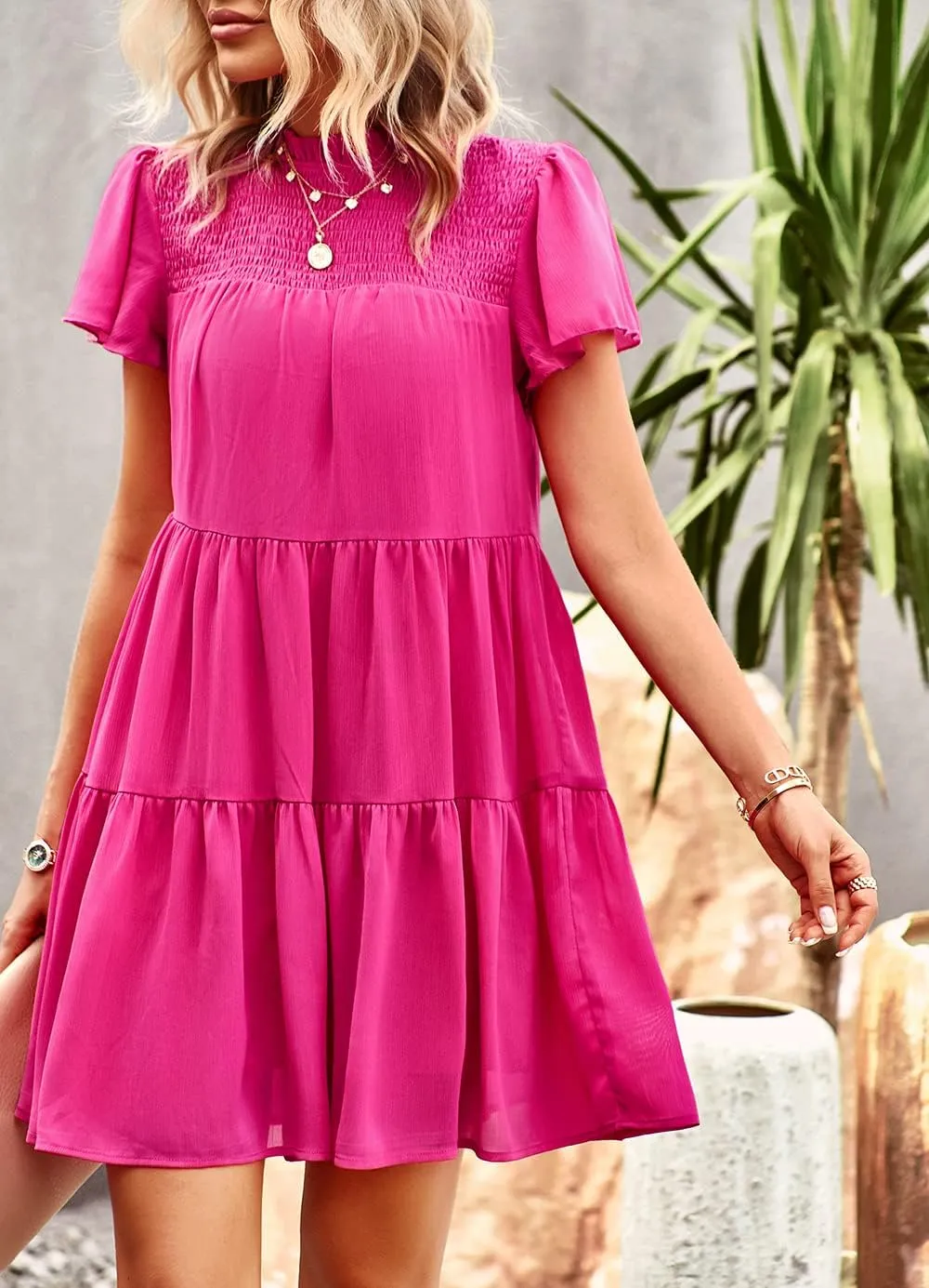 Women's Summer Dress Spring Short Sleeve Casual Dresses Swing Flowy Ruffle Hem Mini Beach Dresses