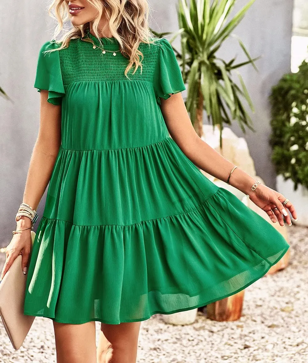 Women's Summer Dress Spring Short Sleeve Casual Dresses Swing Flowy Ruffle Hem Mini Beach Dresses