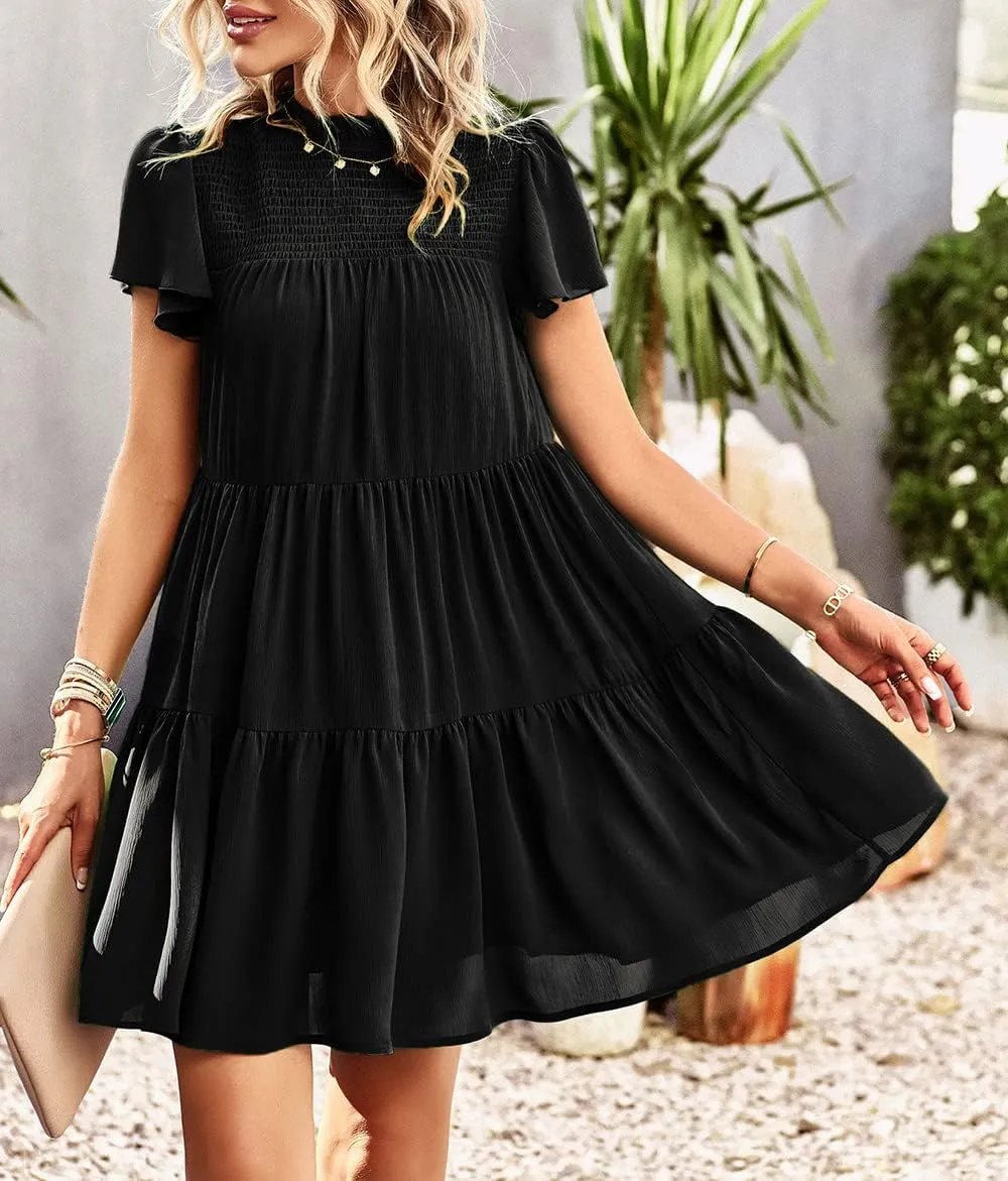 Women's Summer Dress Spring Short Sleeve Casual Dresses Swing Flowy Ruffle Hem Mini Beach Dresses