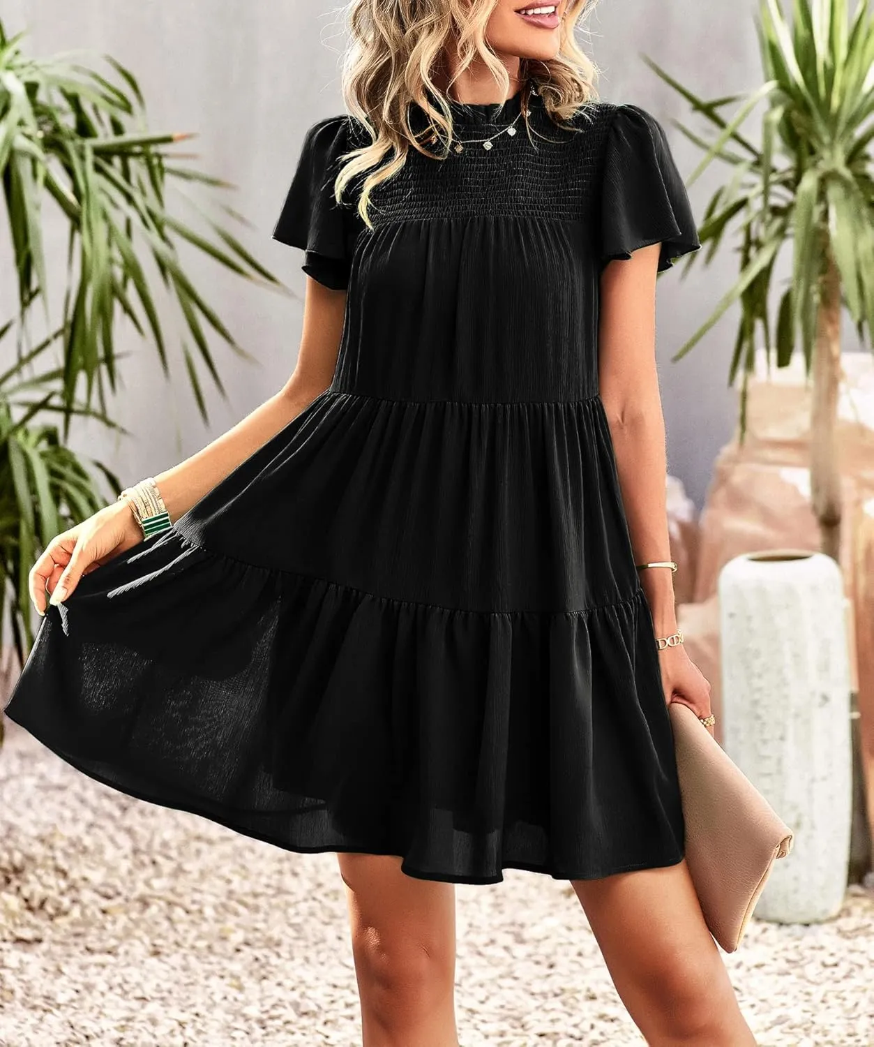Women's Summer Dress Spring Short Sleeve Casual Dresses Swing Flowy Ruffle Hem Mini Beach Dresses