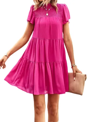 Women's Summer Dress Spring Short Sleeve Casual Dresses Swing Flowy Ruffle Hem Mini Beach Dresses