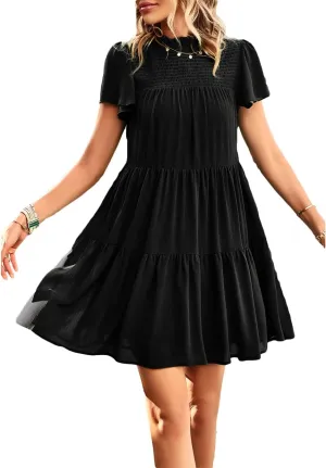 Women's Summer Dress Spring Short Sleeve Casual Dresses Swing Flowy Ruffle Hem Mini Beach Dresses
