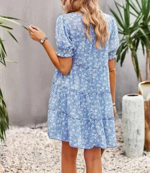 Women's Summer Dress Spring Short Sleeve Casual Dresses Swing Flowy Ruffle Hem Mini Beach Dresses