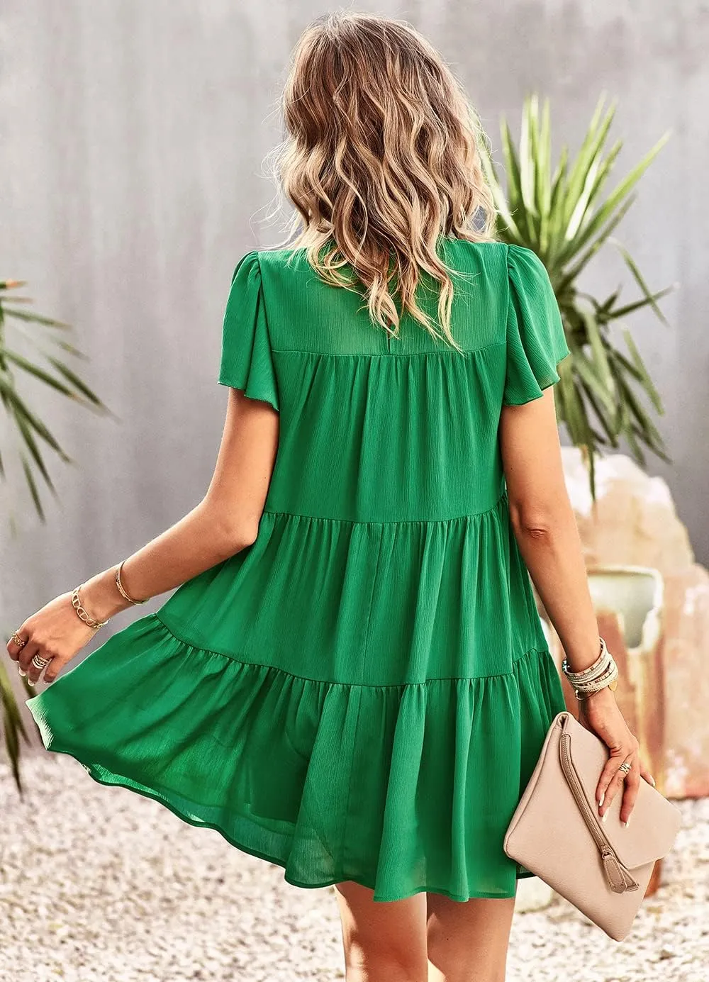 Women's Summer Dress Spring Short Sleeve Casual Dresses Swing Flowy Ruffle Hem Mini Beach Dresses