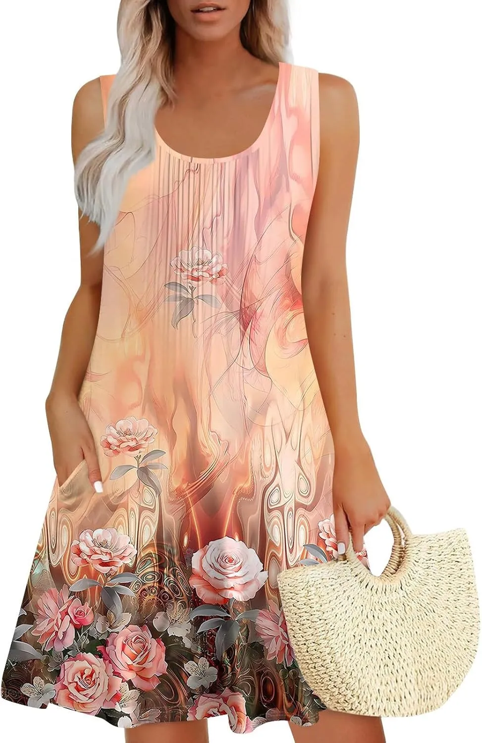 Women's Summer Dresses 2025 Casual Beach U Neck Sleeveless Sundresses Vintage Flowy Boho Tank Dress with Pockets