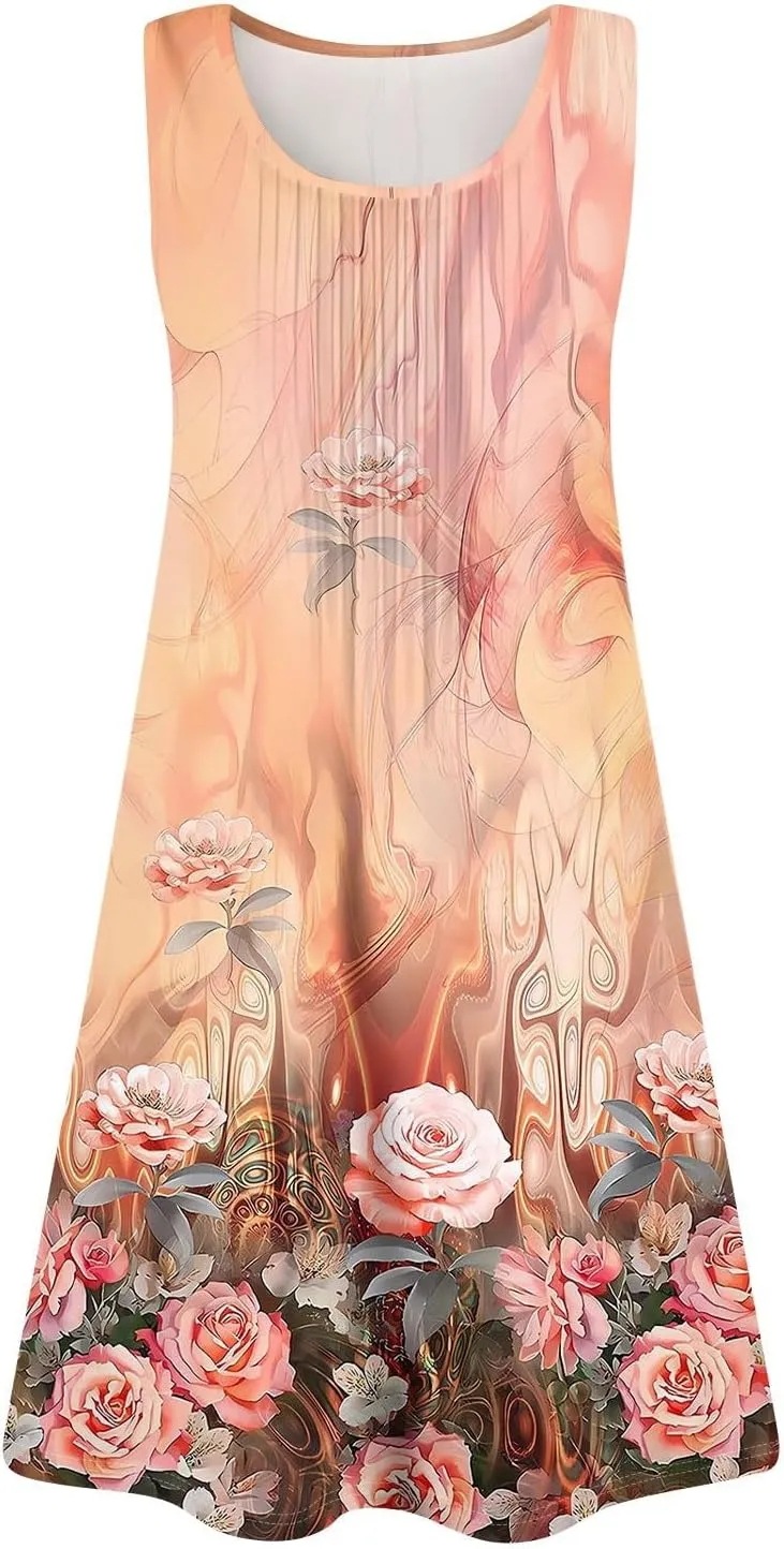 Women's Summer Dresses 2025 Casual Beach U Neck Sleeveless Sundresses Vintage Flowy Boho Tank Dress with Pockets