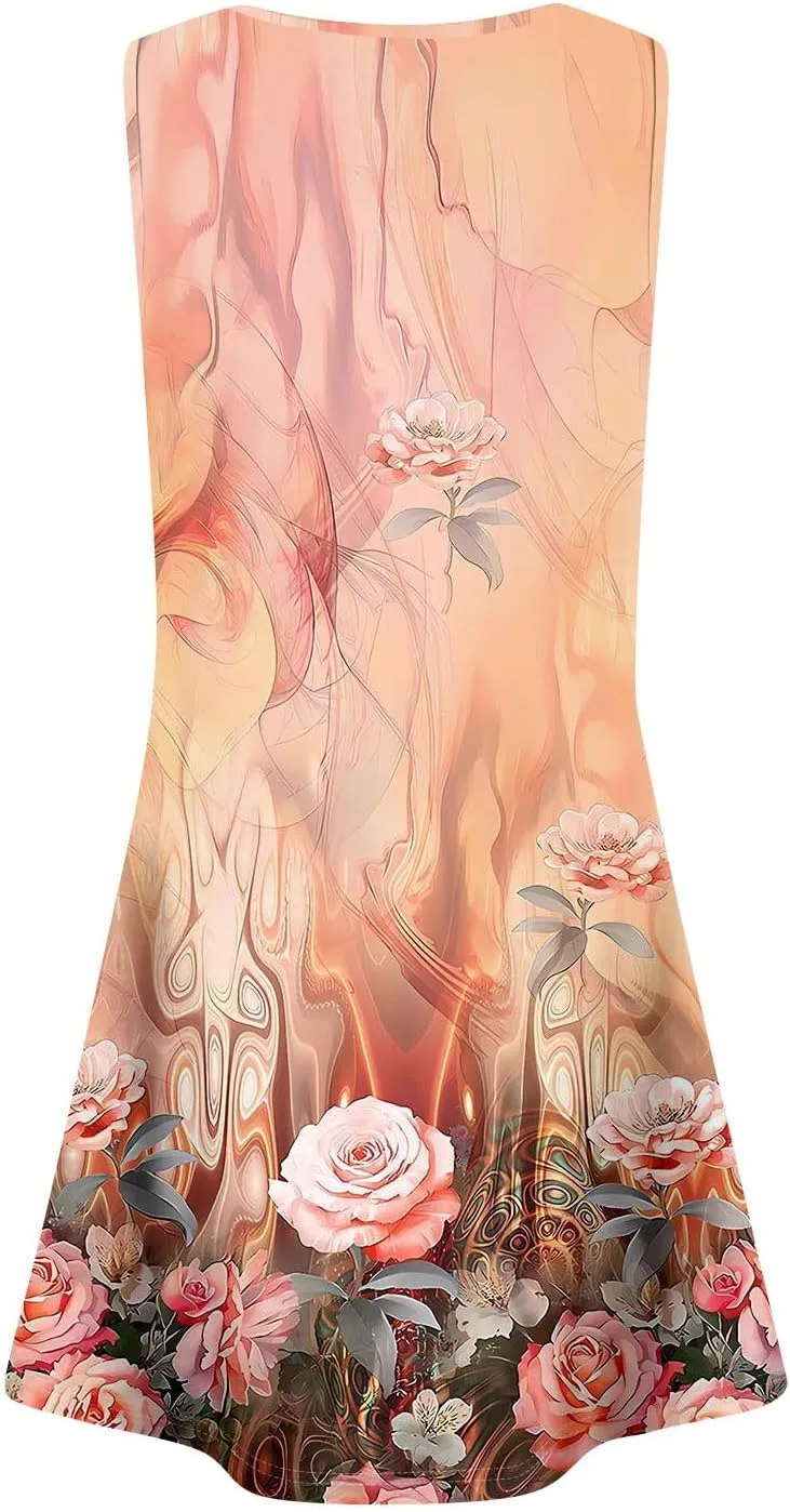 Women's Summer Dresses 2025 Casual Beach U Neck Sleeveless Sundresses Vintage Flowy Boho Tank Dress with Pockets