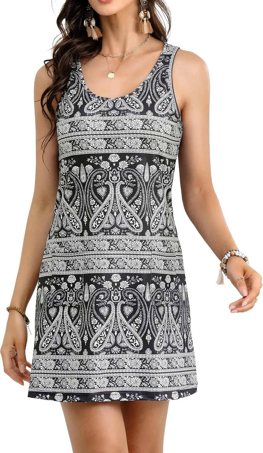 Women's Summer Dresses 2025 Casual Sleeveless Boho Beach Dress Scoop Neck T-Shirt Floral Sundress with Pocket