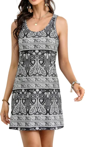 Women's Summer Dresses 2025 Casual Sleeveless Boho Beach Dress Scoop Neck T-Shirt Floral Sundress with Pocket