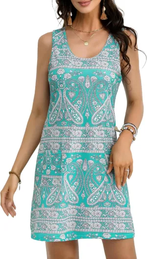 Women's Summer Dresses 2025 Casual Sleeveless Boho Beach Dress Scoop Neck T-Shirt Floral Sundress with Pocket