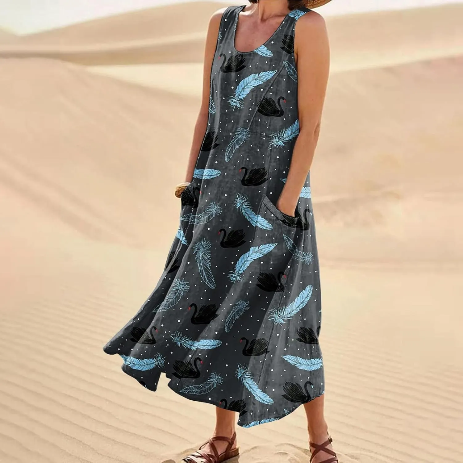 Womens Summer Dresses 2025 Ombre Loose Trendy Casual Vacation Sleeveless Boho Tank Midi Pockets Asymmetrical Sundresses