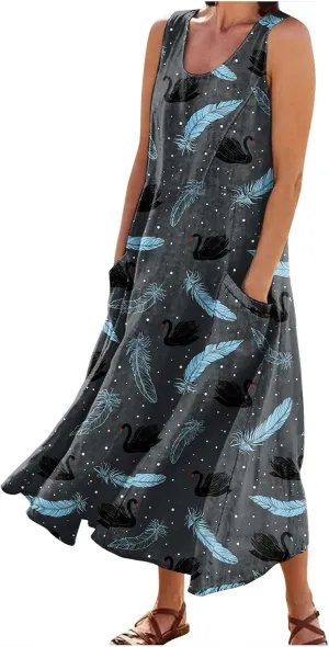 Womens Summer Dresses 2025 Ombre Loose Trendy Casual Vacation Sleeveless Boho Tank Midi Pockets Asymmetrical Sundresses