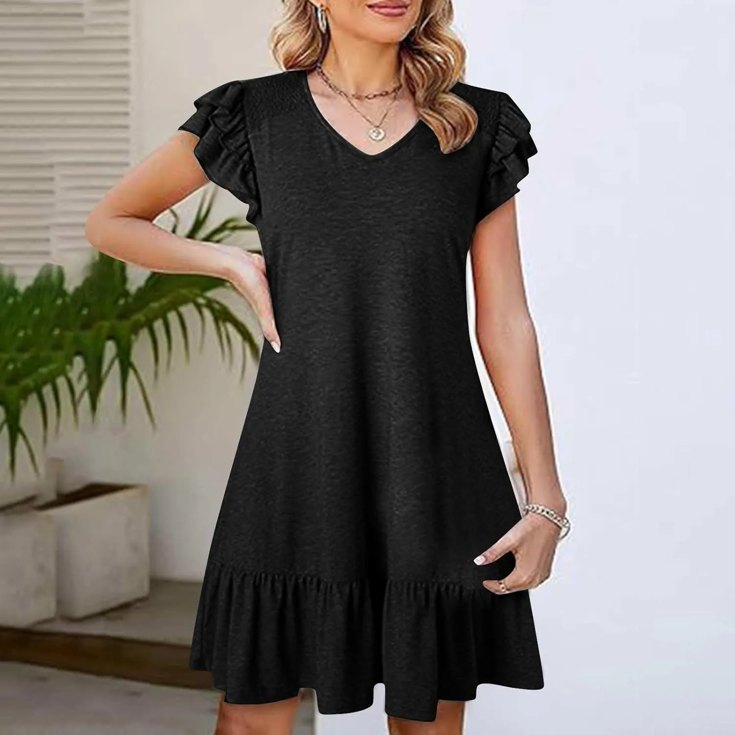 Womens Summer Dresses 2025 Ruffle Short Sleeve Smocked V Neck Casual Loose A-Line Swing Mini Dress Sundress Y2k Flowy Dresses