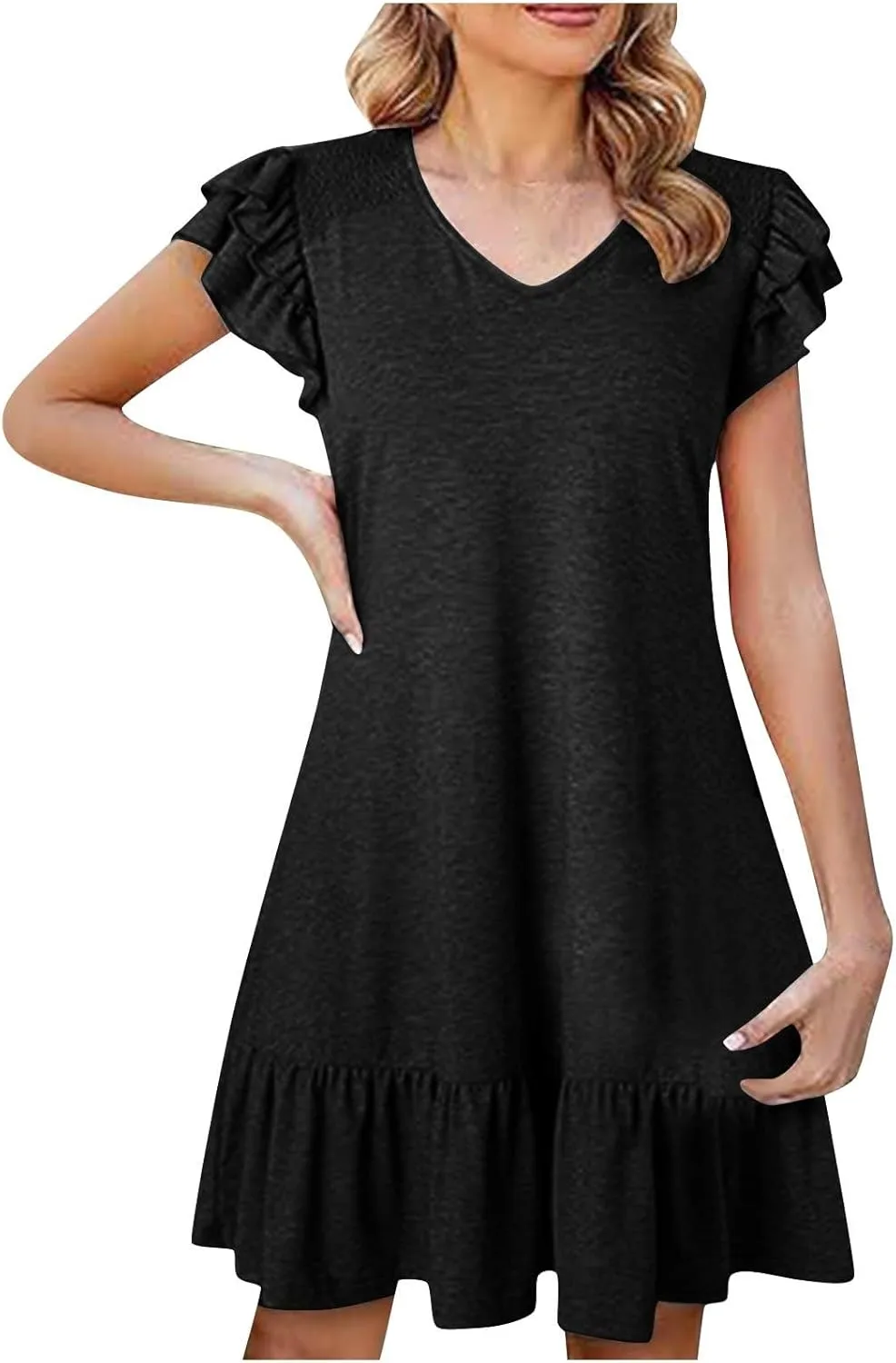 Womens Summer Dresses 2025 Ruffle Short Sleeve Smocked V Neck Casual Loose A-Line Swing Mini Dress Sundress Y2k Flowy Dresses