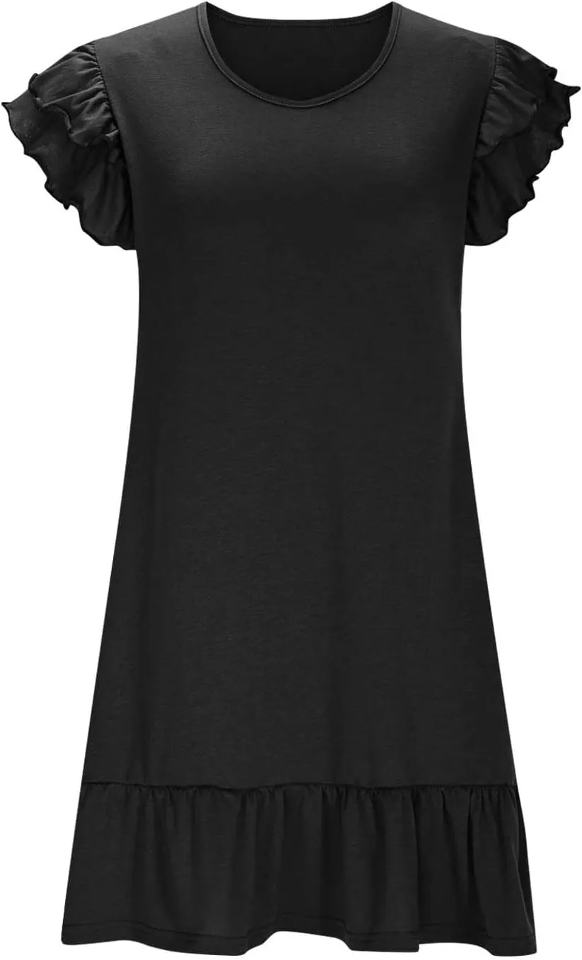 Womens Summer Dresses 2025 Ruffle Short Sleeve Smocked V Neck Casual Loose A-Line Swing Mini Dress Sundress Y2k Flowy Dresses