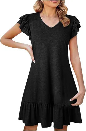 Womens Summer Dresses 2025 Ruffle Short Sleeve Smocked V Neck Casual Loose A-Line Swing Mini Dress Sundress Y2k Flowy Dresses