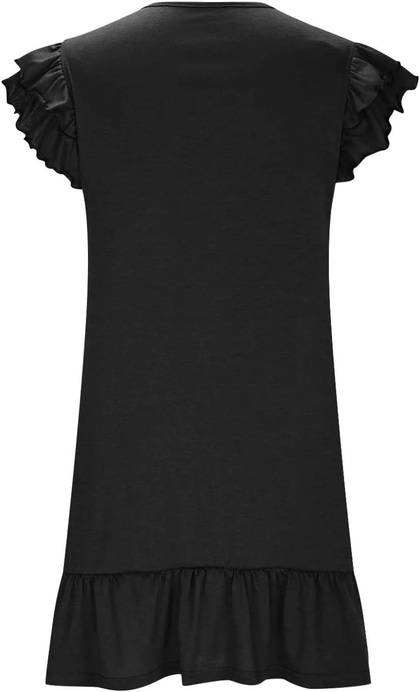 Womens Summer Dresses 2025 Ruffle Short Sleeve Smocked V Neck Casual Loose A-Line Swing Mini Dress Sundress Y2k Flowy Dresses