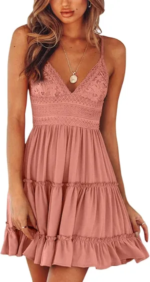 Womens Summer Dresses 2025 Sleeveless Empire Waist Ruffle Tiered Casual Swing Mini Dress for Beach Wedding