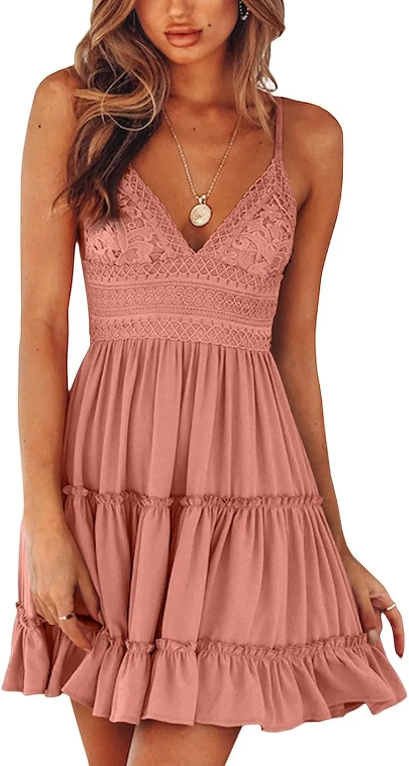 Womens Summer Dresses 2025 Sleeveless Empire Waist Ruffle Tiered Casual Swing Mini Dress for Beach Wedding