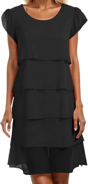 Womens Summer Dresses Casual Layered Ruffles Round Neck Elegant Floral Print Evening Dress Short Sleeve Mini Dress