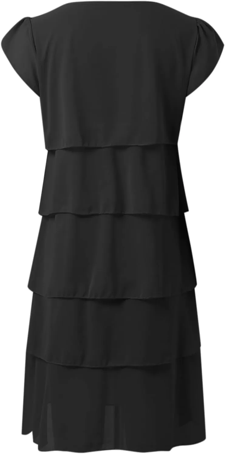 Womens Summer Dresses Casual Layered Ruffles Round Neck Elegant Floral Print Evening Dress Short Sleeve Mini Dress