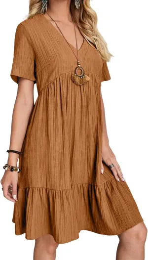Women's Summer Dresses Casual Midi Swing Short Sleeve V Neck Tiered A Line Flowy Beach Dress Sundress 2024