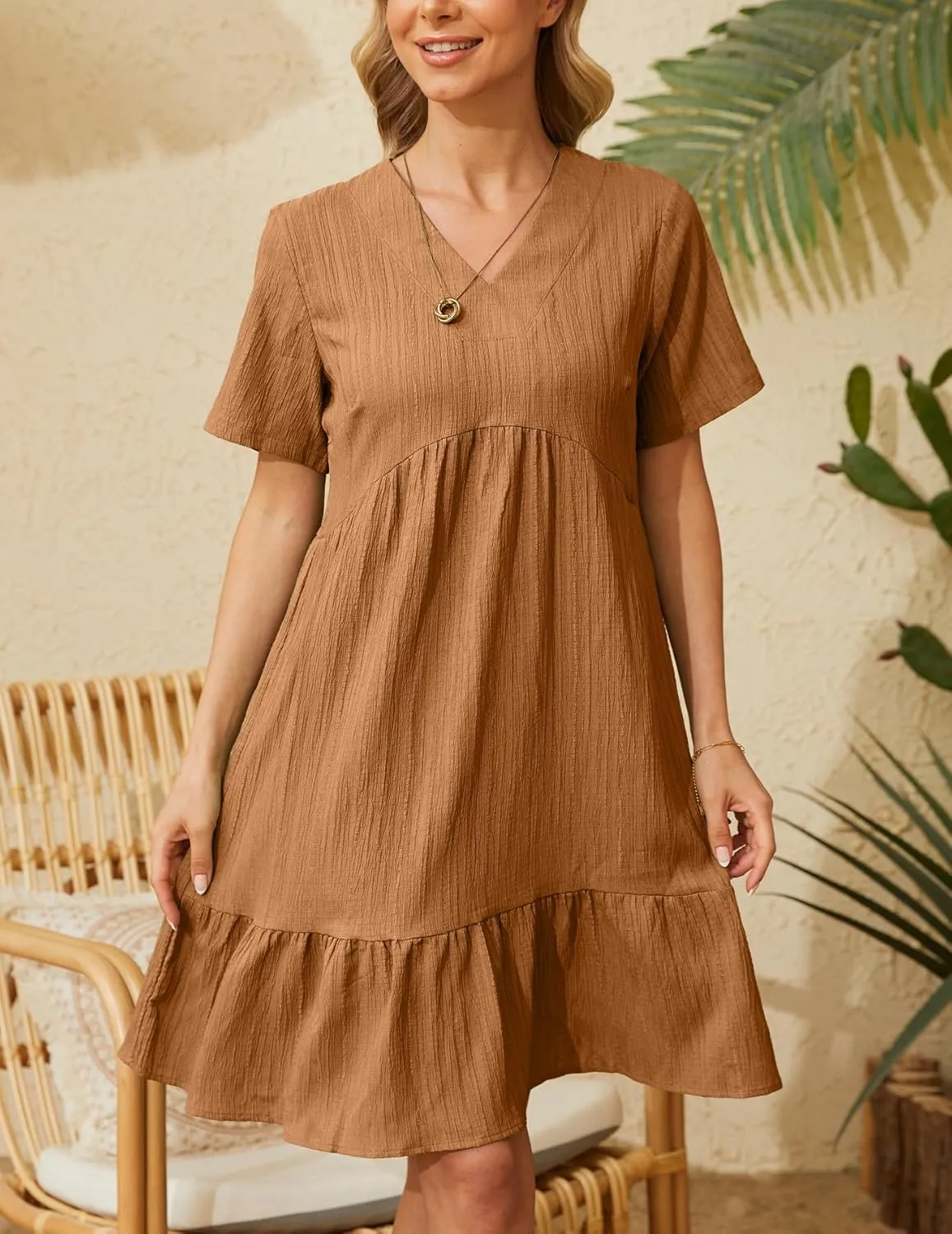 Women's Summer Dresses Casual Midi Swing Short Sleeve V Neck Tiered A Line Flowy Beach Dress Sundress 2024