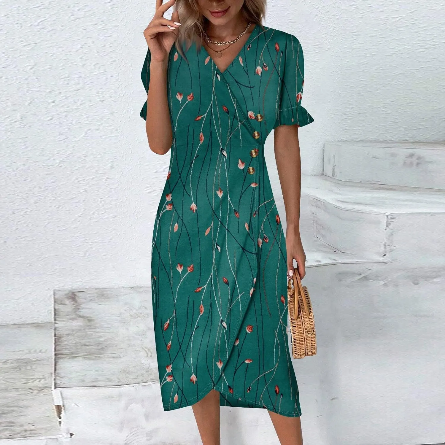 Womens Summer Dresses Ethnic Style Midi Dresses for Women Puff Sleeve Womens Summer Dresses Summer