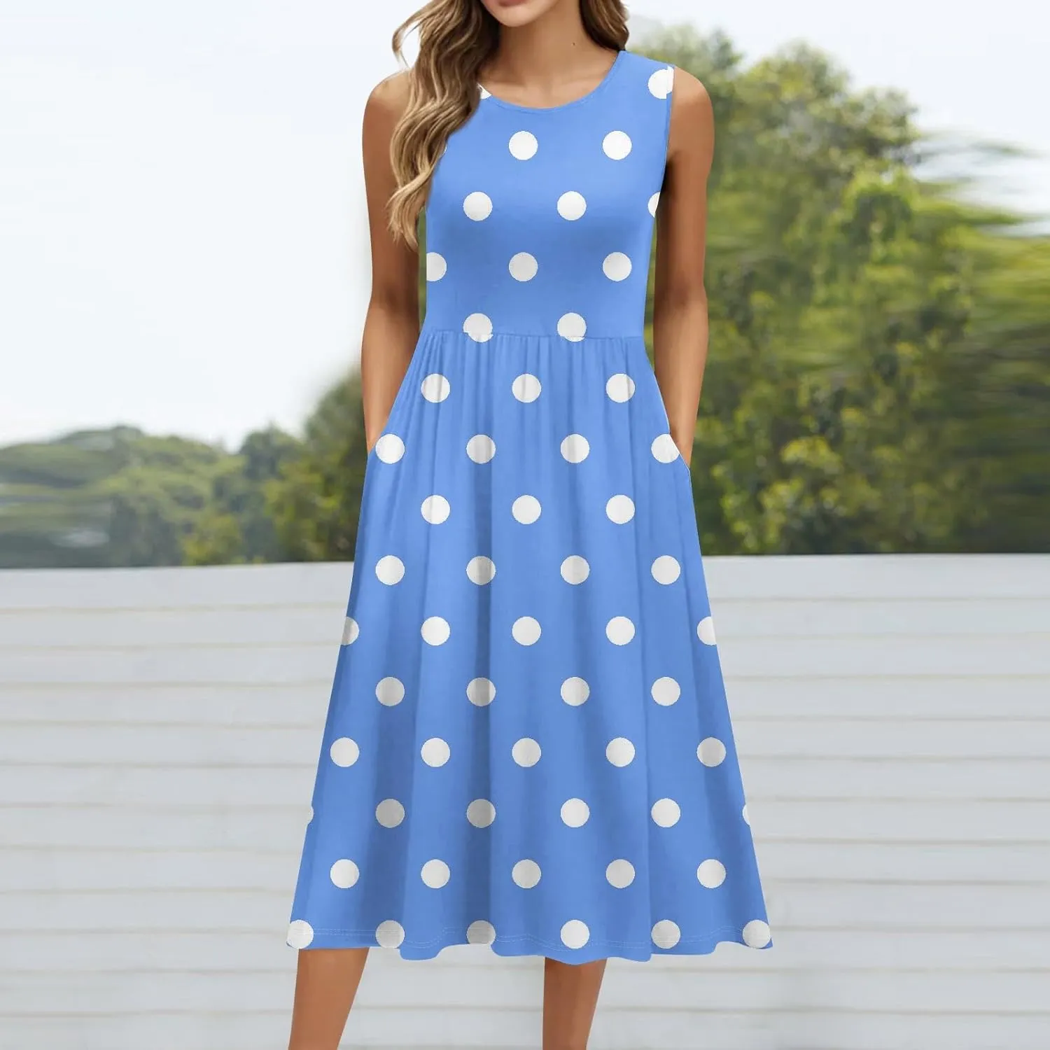 Womens Summer Dresses Flowy Sleeveless Mid Dress Casual Loose A-Line Sundresses Floral Tshirt Tank Dresses with Pockets
