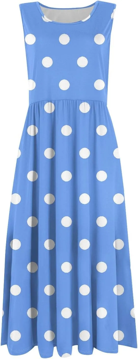 Womens Summer Dresses Flowy Sleeveless Mid Dress Casual Loose A-Line Sundresses Floral Tshirt Tank Dresses with Pockets