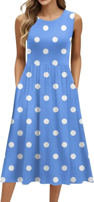 Womens Summer Dresses Flowy Sleeveless Mid Dress Casual Loose A-Line Sundresses Floral Tshirt Tank Dresses with Pockets