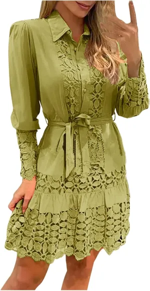 Women's Summer Dresses Long Sleeve Lapel Button Down Belted Mini Dress Plus Size Lace Patchwork Hollow Out Dresses