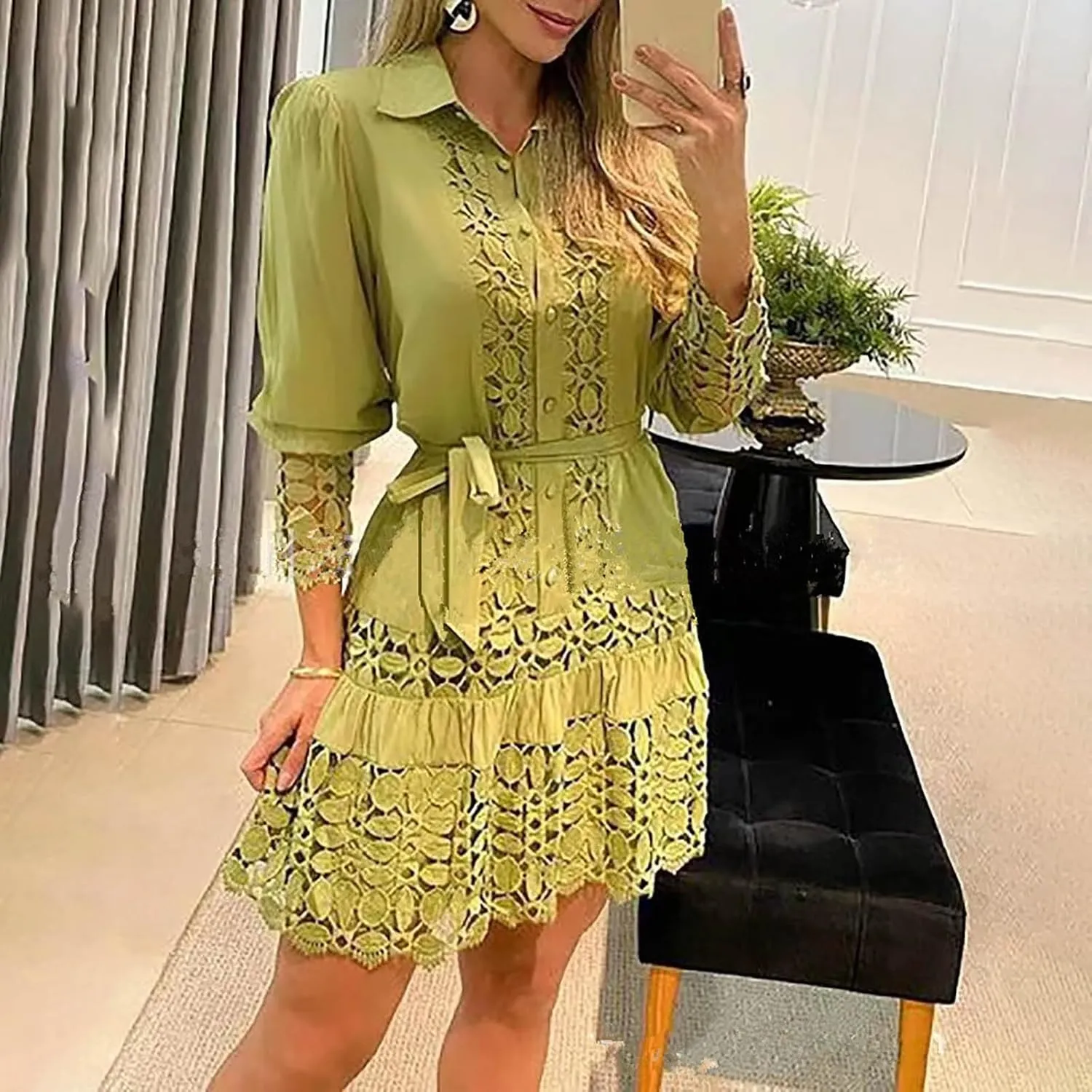 Women's Summer Dresses Long Sleeve Lapel Button Down Belted Mini Dress Plus Size Lace Patchwork Hollow Out Dresses