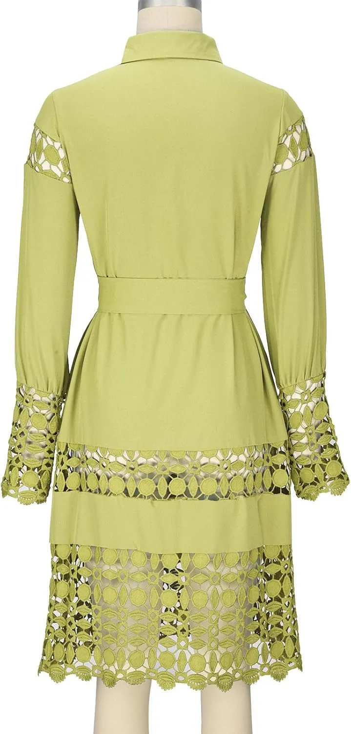 Women's Summer Dresses Long Sleeve Lapel Button Down Belted Mini Dress Plus Size Lace Patchwork Hollow Out Dresses