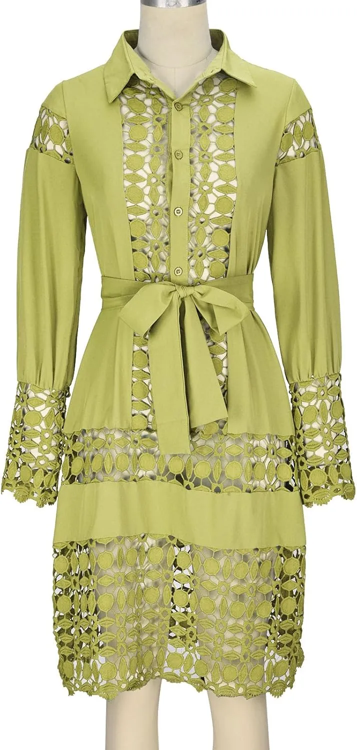 Women's Summer Dresses Long Sleeve Lapel Button Down Belted Mini Dress Plus Size Lace Patchwork Hollow Out Dresses