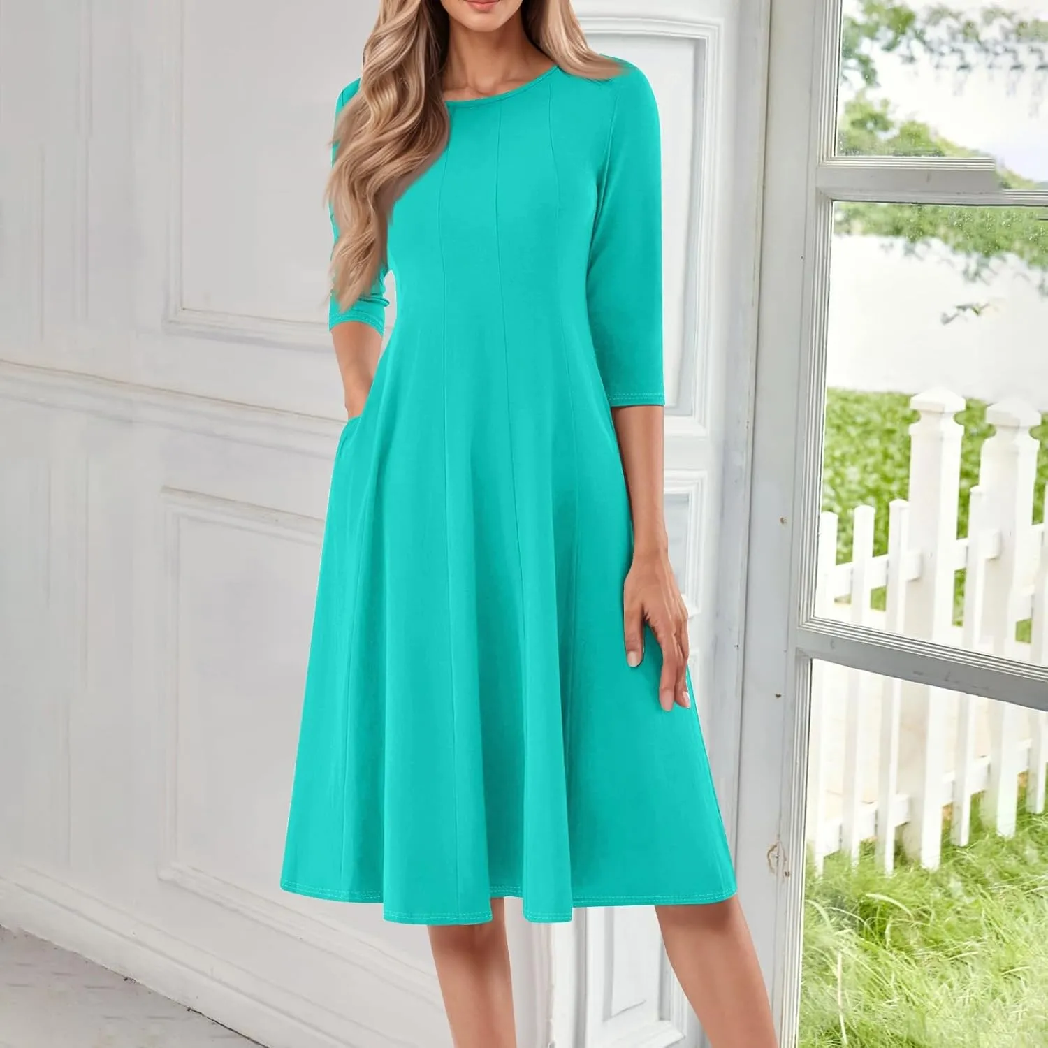 Womens Summer Dresses Summer Flowy Beach 3/4 Sleeve Dress Aline Casual Tshirt Dress Floral Midi Dresses with Pockets