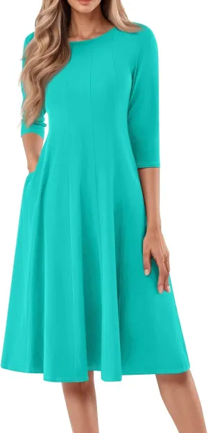 Womens Summer Dresses Summer Flowy Beach 3/4 Sleeve Dress Aline Casual Tshirt Dress Floral Midi Dresses with Pockets