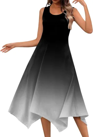 Womens Summer Dresses Summer Flowy Casual Midi Tank Dresses Beach Hankerchief Hem Sleeveless Dress Floral Sundresses