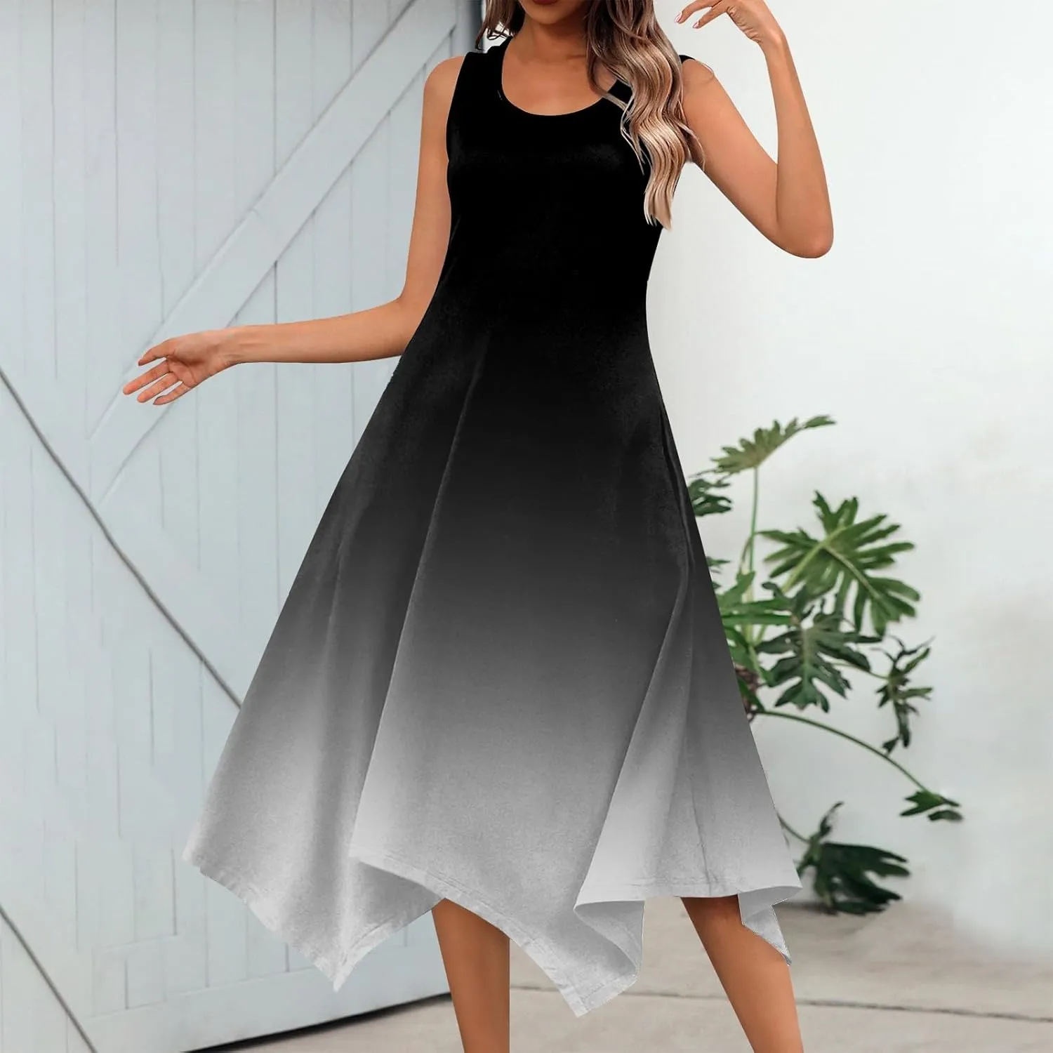 Womens Summer Dresses Summer Flowy Casual Midi Tank Dresses Beach Hankerchief Hem Sleeveless Dress Floral Sundresses