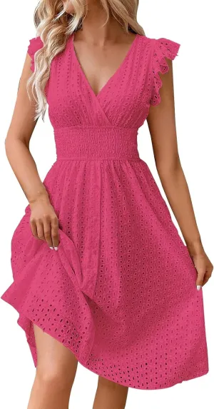 Women's Summer Lace Jacquard V Neck Wrap Sundress Ruffle Sleeve Boho Floral Elastic Waist Cute Mini Short Dresses 2024 Hot Pink