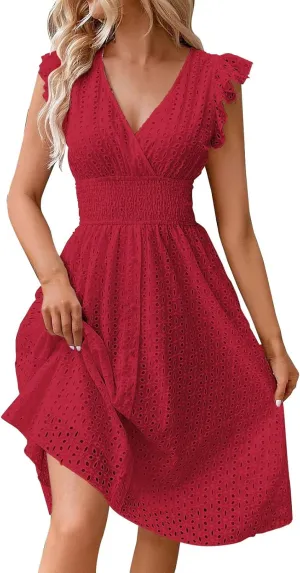 Women's Summer Lace Jacquard V Neck Wrap Sundress Ruffle Sleeve Boho Floral Elastic Waist Cute Mini Short Dresses 2024 Red