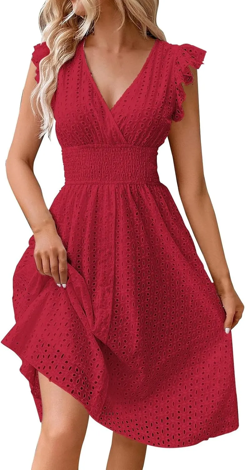 Women's Summer Lace Jacquard V Neck Wrap Sundress Ruffle Sleeve Boho Floral Elastic Waist Cute Mini Short Dresses 2024 Red