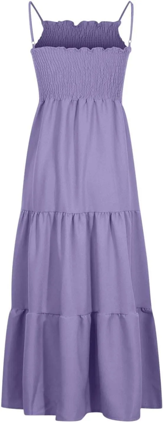 Women's Summer Maxi Dress 2025 Casual Boho Beach Long Dresses Sleeveless Spaghetti Strap Smocked Tiered Sundresses