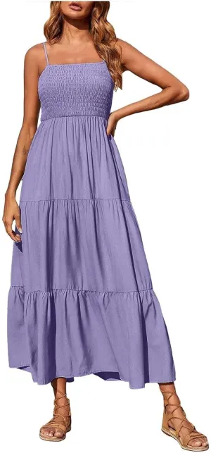 Women's Summer Maxi Dress 2025 Casual Boho Beach Long Dresses Sleeveless Spaghetti Strap Smocked Tiered Sundresses